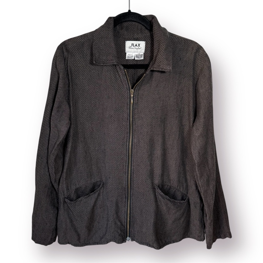Flax by Jeanne Engelhart Linen Full Zip Jacket Small Brown Lagenlook Artisan
